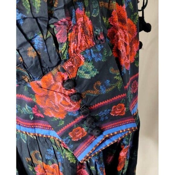FARM Rio Mini Dress S Black Flower Tapestry Teal Floral Cottagecore Summer - Picture 11 of 16